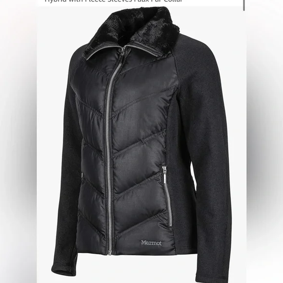 MARMOT Thea Jacket Down Insulated Hybrid with Fleece Sleeves Faux Fur Collar, XS - Picture 3 of 13